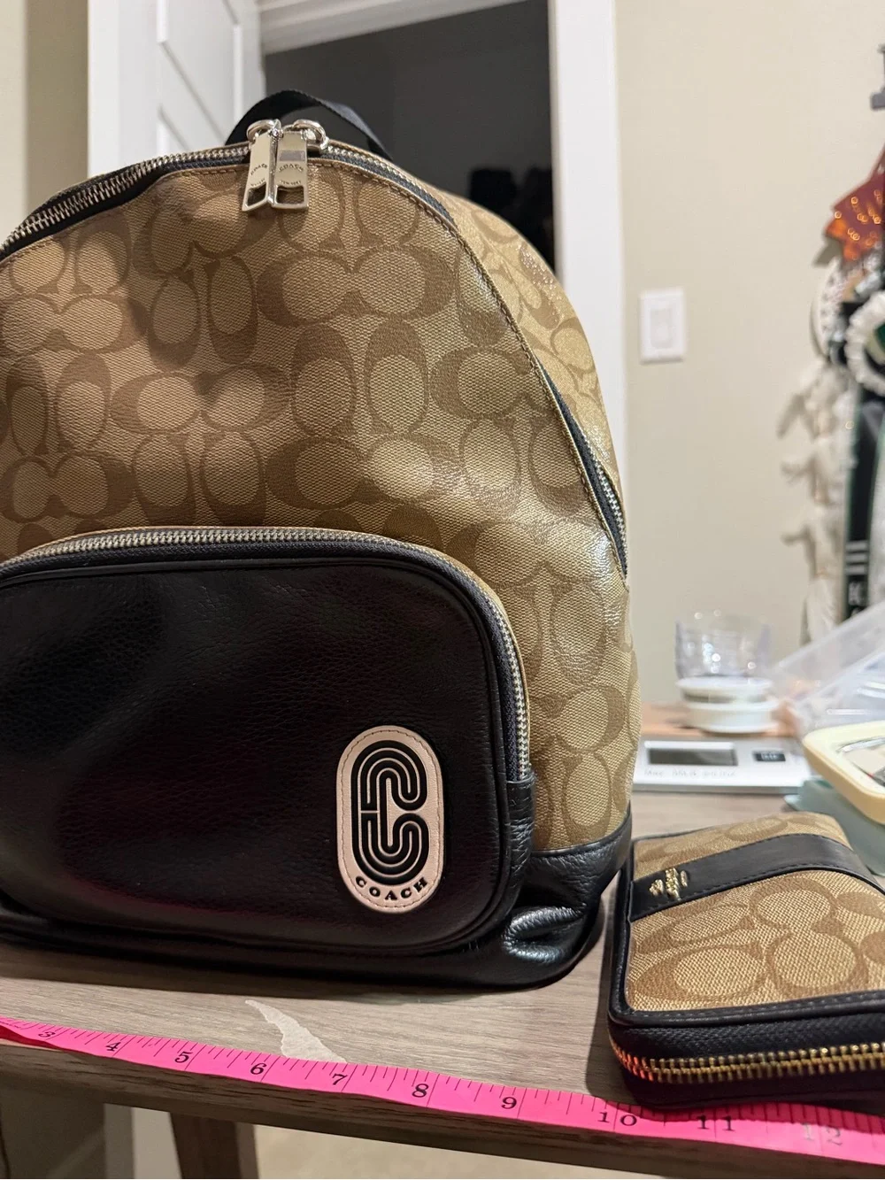 Coach Tan Signature Canvas Backpack with Black Leather and includes wallet